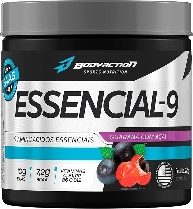 Essencial-9-EAA-Aminoacios-Essenciais-225g-Sabor-Guarana-com-acai-Bodyaction.jpg Essencial 9 EAA Aminoácios Essenciais 225g Sabor Guaraná com açaí Bodyaction - Imagem 1